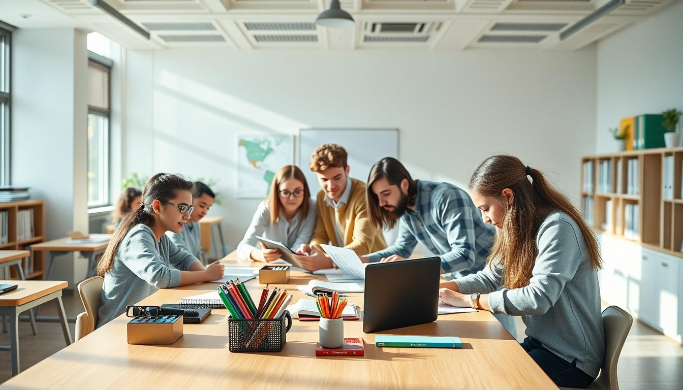 Students studying together in modern classroom